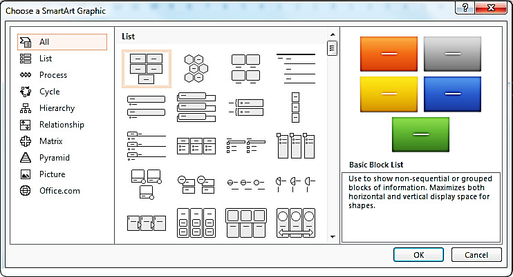 SmartArt selection options